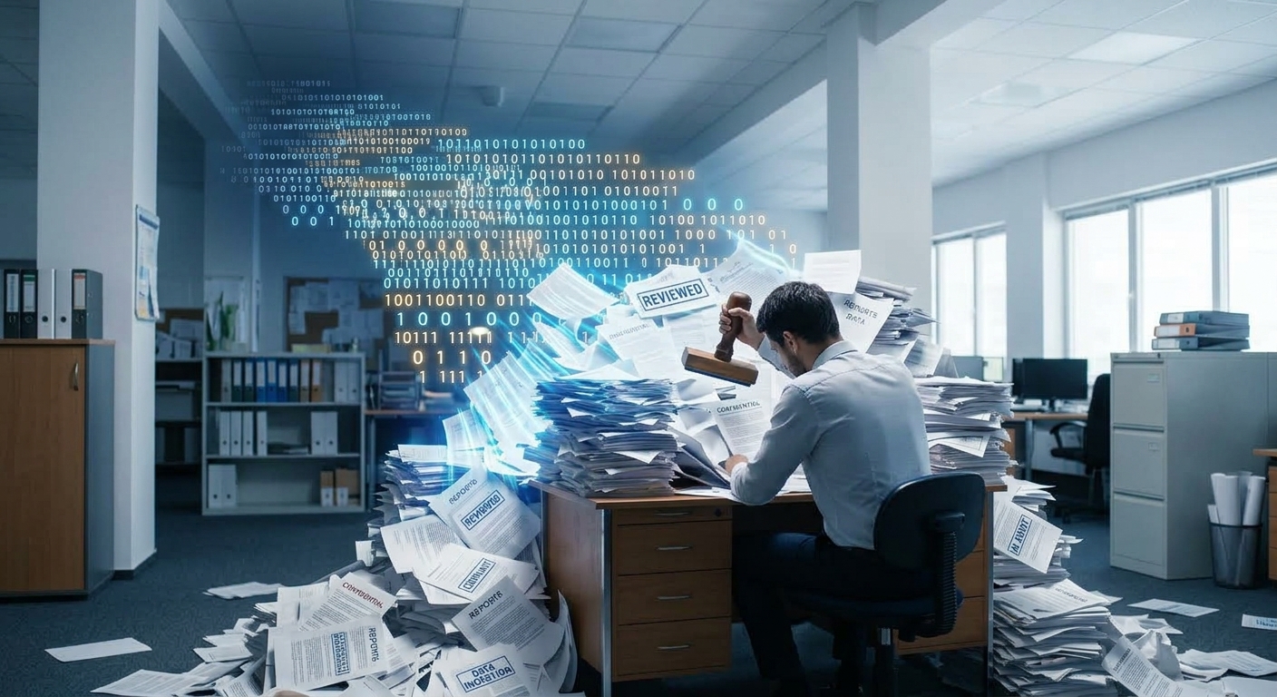 A reviewer working through a large stack of documents with a digital data overlay